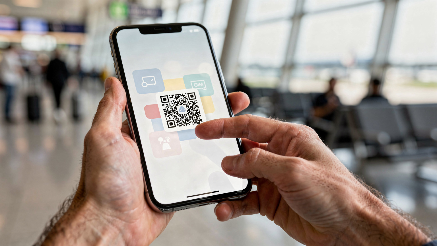 Dita di una persona che toccano lo schermo di uno smartphone che mostra un'interfaccia di configurazione eSIM, con un codice QR già scansionato, sullo sfondo sfocato di un terminal aeroportuale.