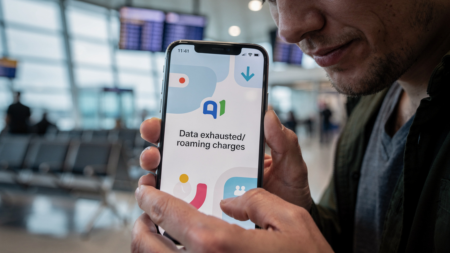 Un primo piano di uno smartphone che mostra un avviso di esaurimento dati sullo schermo, tenuto in mano da una persona con uno sguardo preoccupato, in un ambiente aeroportuale.
