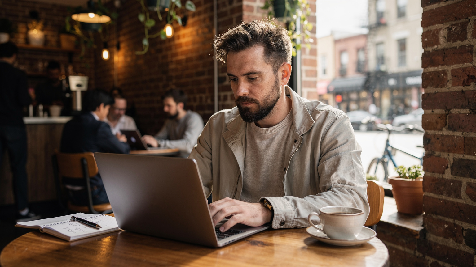 Un nomade digitale italiano lavora al suo laptop in un caffè vivace di Brooklyn, sorseggiando un caffè, con altri avventori e un taccuino accanto a lui.