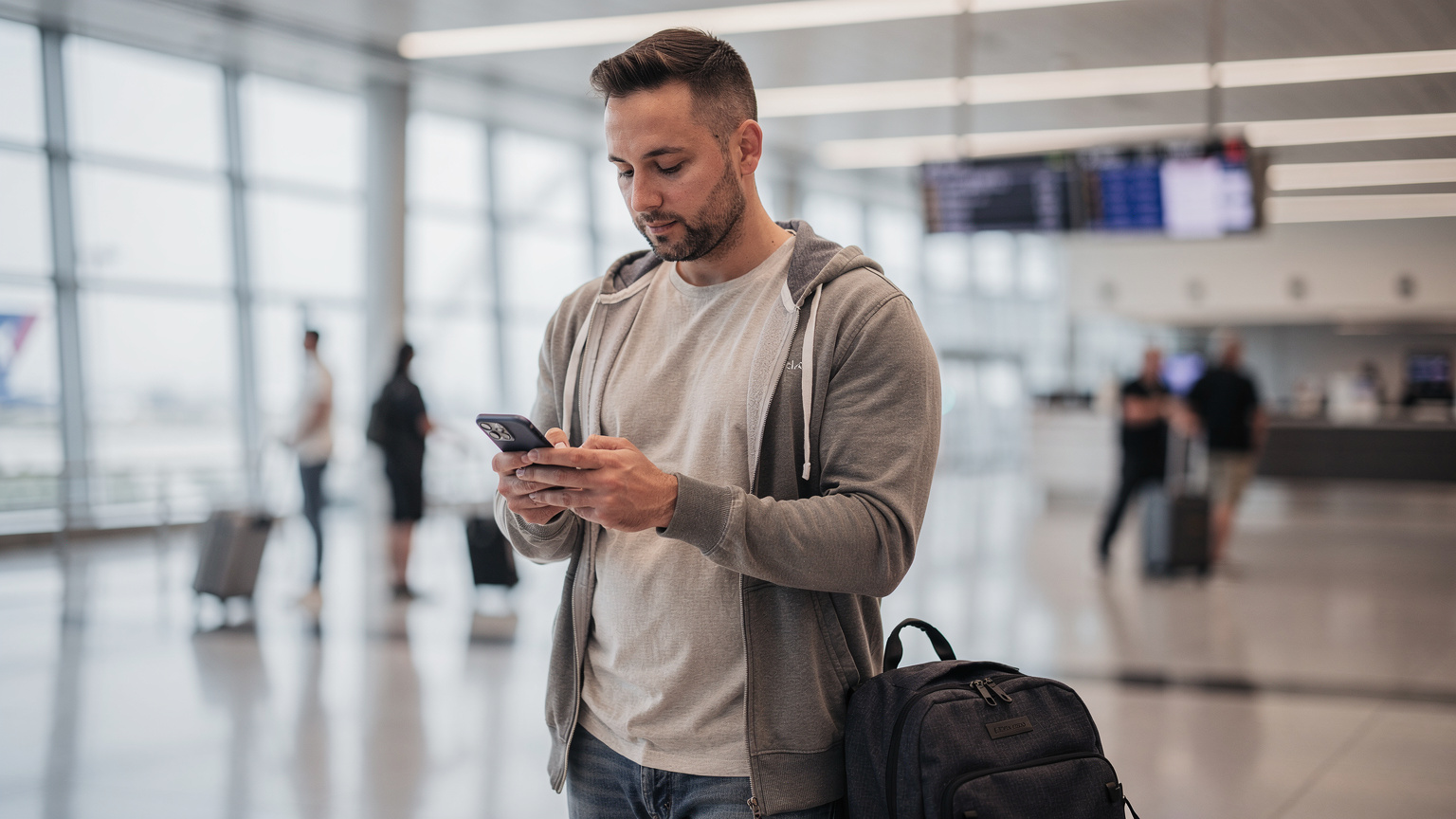 Un viaggiatore italiano con uno zaino leggero consulta il suo smartphone per attivare una eSIM mentre si trova nell'area degli arrivi dell'aeroporto internazionale di Los Angeles (LAX).