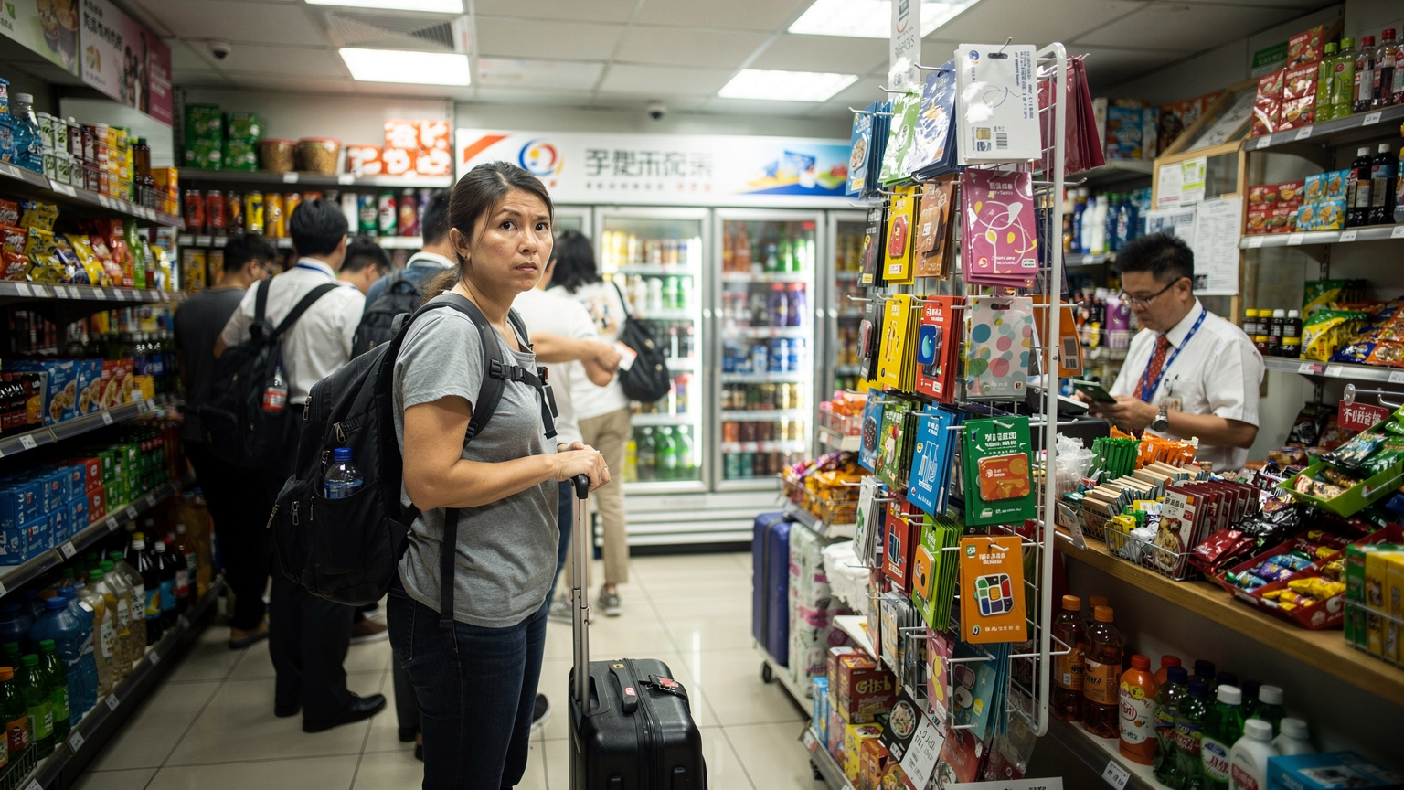 香港便利店內,一名旅客正在排隊購買商品,收銀台旁邊陳列著各種預付費SIM卡和充值卡,店內空間狹小而繁忙。