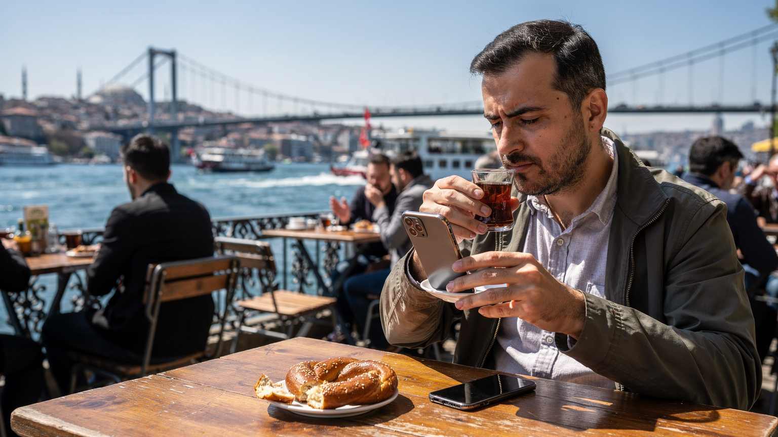 İstanbul'un Eminönü semtindeki bir çay bahçesinde, Galata Köprüsü ve Haliç manzarası eşliğinde, bir erkeğin geleneksel Türk çayı içerken telefonunda Cellesim uygulamasını kullanarak eSIM paketi aktifleştirmesi anı. Masada bir simit duruyor.