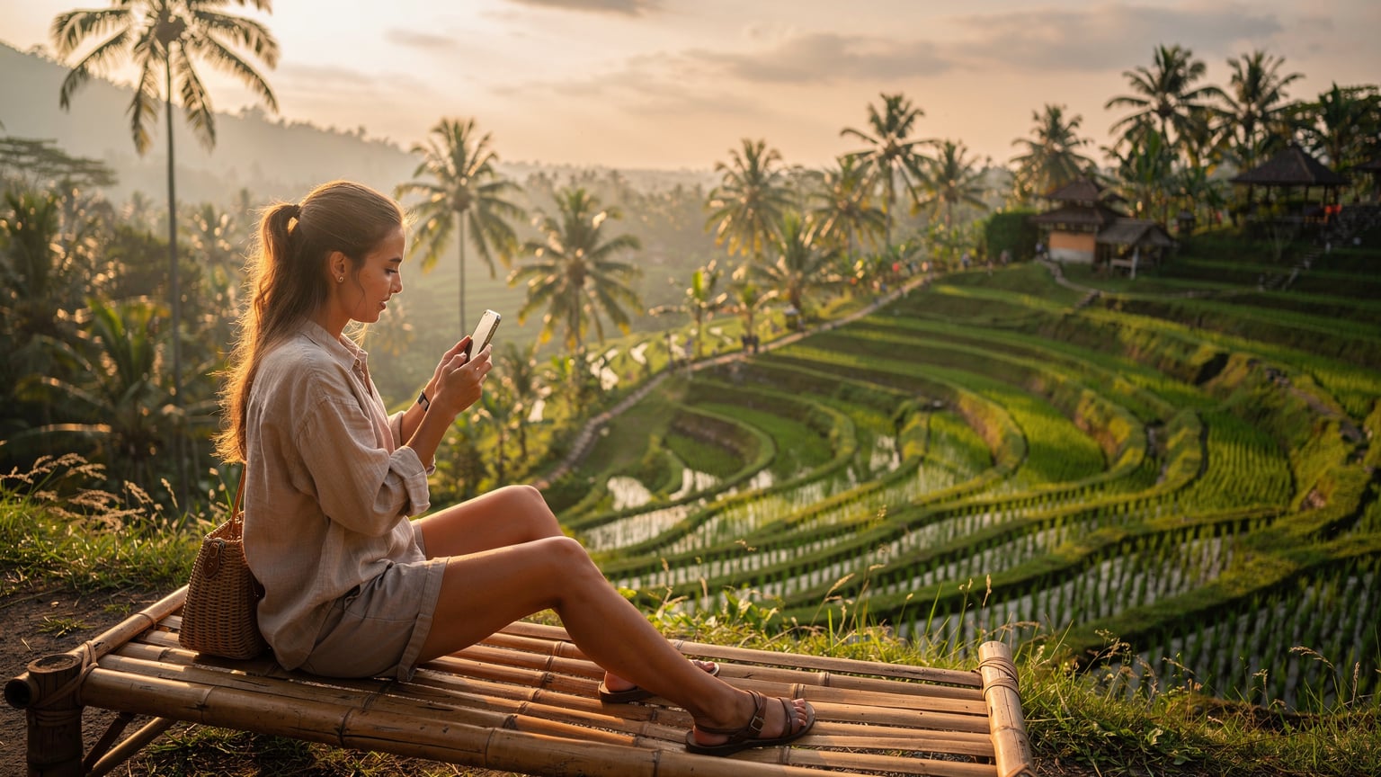 Endonezya'nın Bali adasındaki Ubud pirinç teraslarında gün batımı ışığında, genç bir kadının akıllı telefonunda farklı eSIM veri paketlerini karşılaştırırken çekilmiş bir fotoğrafı. Arkada pirinç tarlaları ve tropik bitki örtüsü görünüyor.