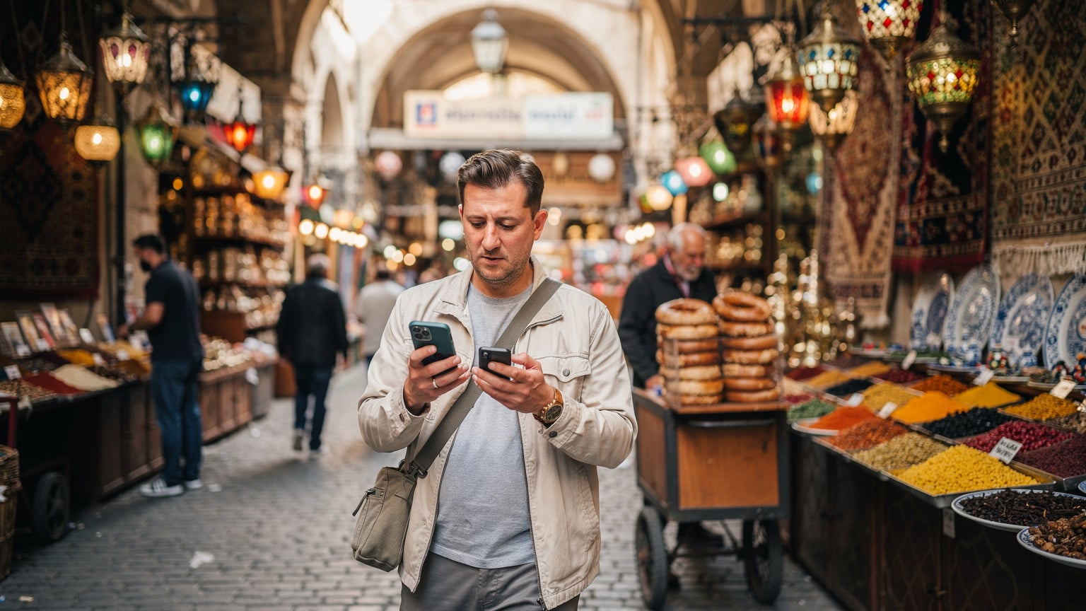 İstanbul'da kalabalık bir pazar yerinde, arka planda simit tezgahı olan bir gezgin elinde telefonunu kontrol ediyor.