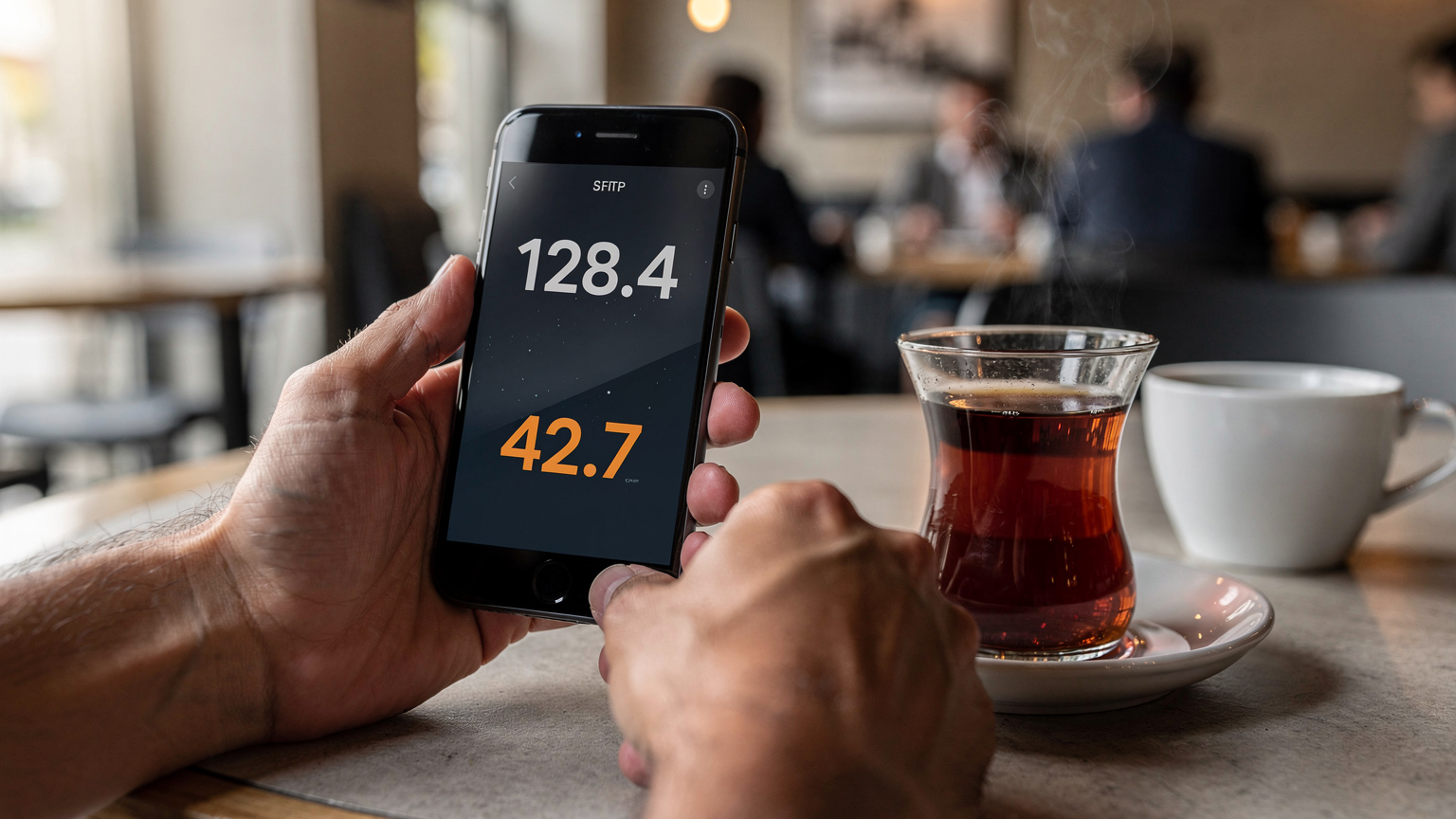Bir kafede, elinde kahve fincanı tutan bir kişinin telefonunda internet hız testi sonuçlarını gösteren bir uygulama ekranı.