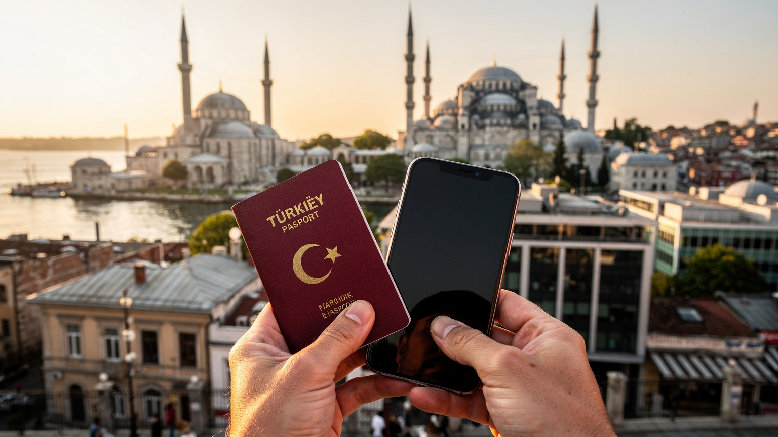 Elinde pasaport ve akıllı telefon tutan bir gezgin, arka planda Ayasofya ve Sultanahmet Camii'nin tarihi silüeti.