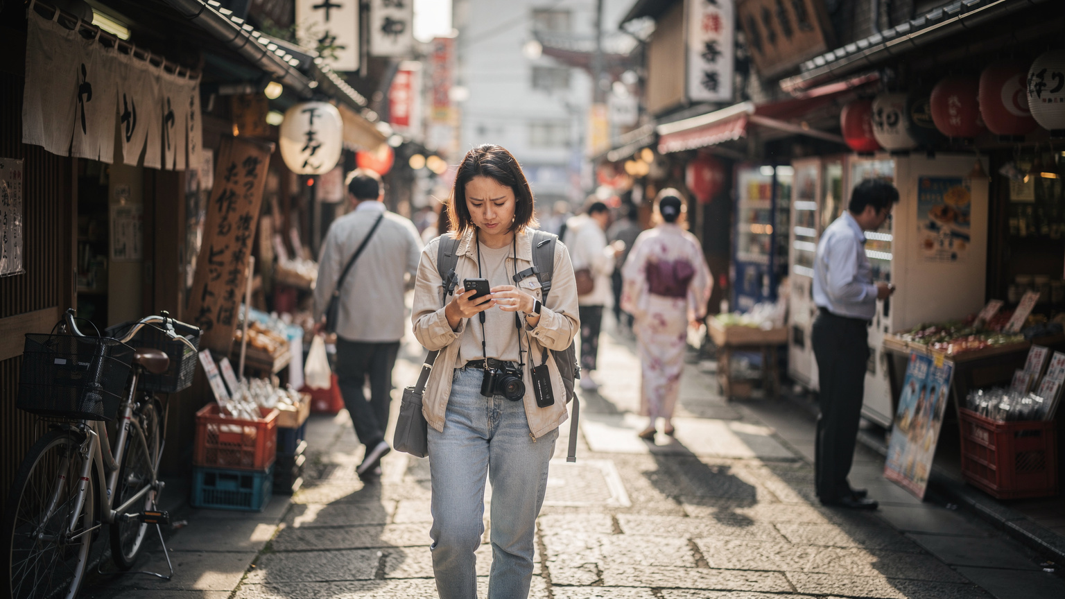 Seorang pengembara muda sedang menavigasi lorong-lorong sempit yang sibuk di Asakusa, Tokyo, menggunakan telefonnya untuk melihat peta digital.