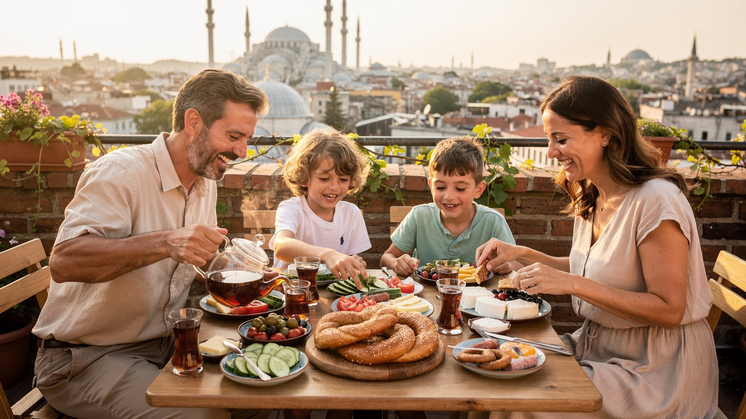 A family enjoying a traditional Turkish breakfast on a rooftop terrace in Istanbul's Sultanahmet district, overlooking the Hagia Sophia and Blue Mosque.