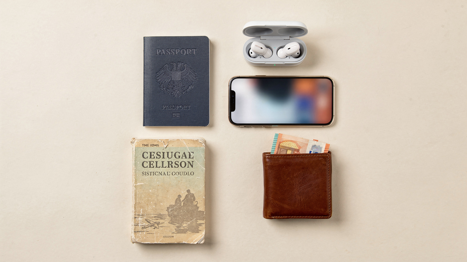 An overhead flat-lay of travel essentials: a passport, a smartphone displaying a Cellesim app, a pair of wireless headphones, a small travel guide, and a local currency wallet, all neatly arranged on a light-colored desk.