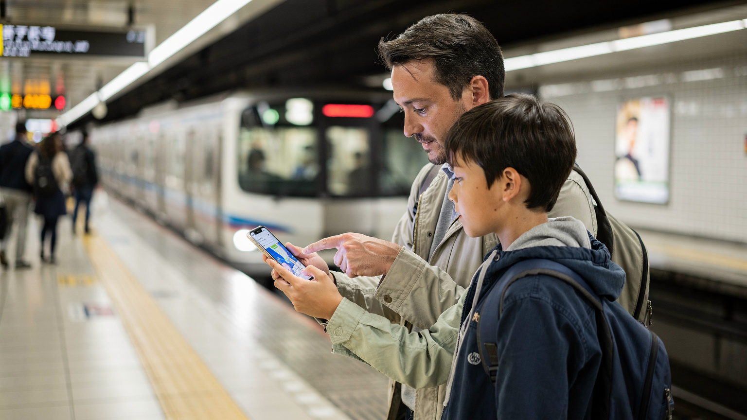 A parent and child looking at a subway map on a phone screen, standing on a bustling train platform in Tokyo, surrounded by other commuters.
