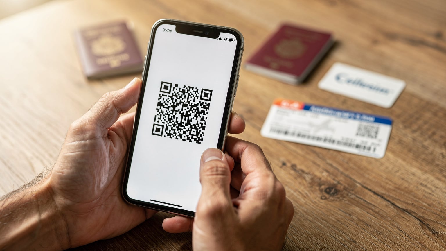 A close-up of hands scanning an eSIM QR code on a smartphone screen, with a passport and plane ticket visible in the background on a wooden table.