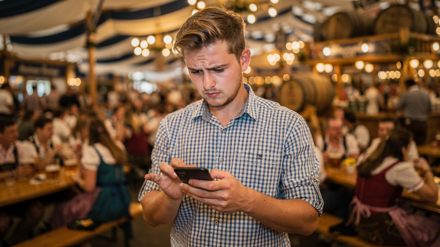 A traveler, looking slightly frustrated, attempts to load a map on their smartphone, surrounded by a blurry but vibrant background of a crowded Oktoberfest beer tent, illustrating the challenge of network congestion.