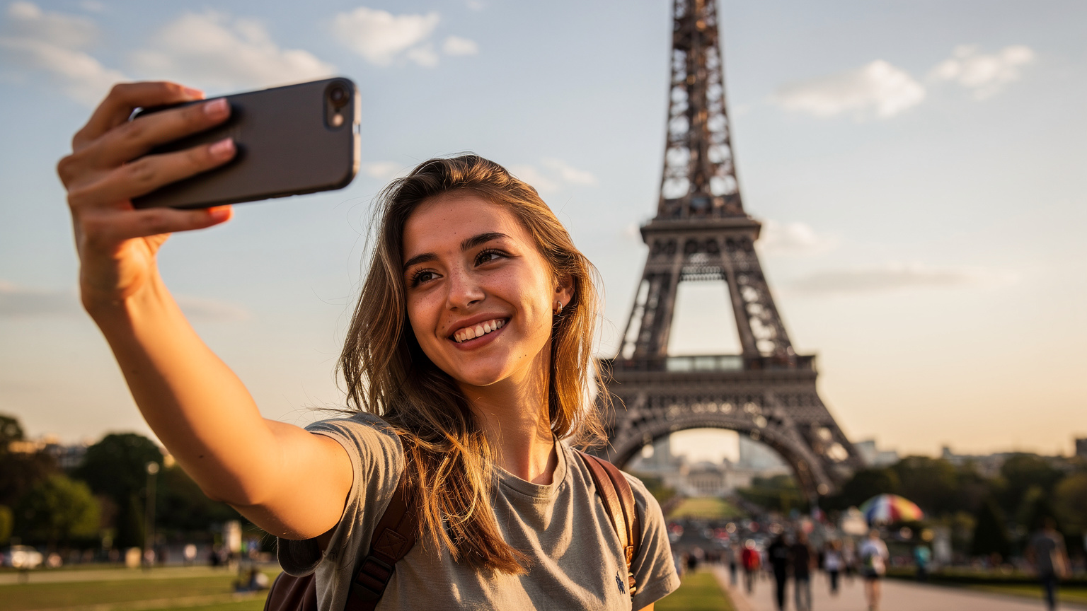 Μια κοπέλα τραβάει selfie με τον Πύργο του Άιφελ στο βάθος, χαμογελώντας, με το κινητό της να δείχνει φωτεινή οθόνη.