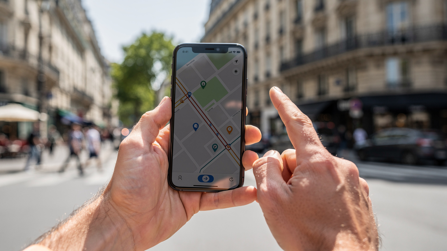 Ένα ζευγάρι χέρια κρατά ένα smartphone που δείχνει μια εφαρμογή πλοήγησης, με φόντο έναν πολυσύχναστο δρόμο του Παρισιού.