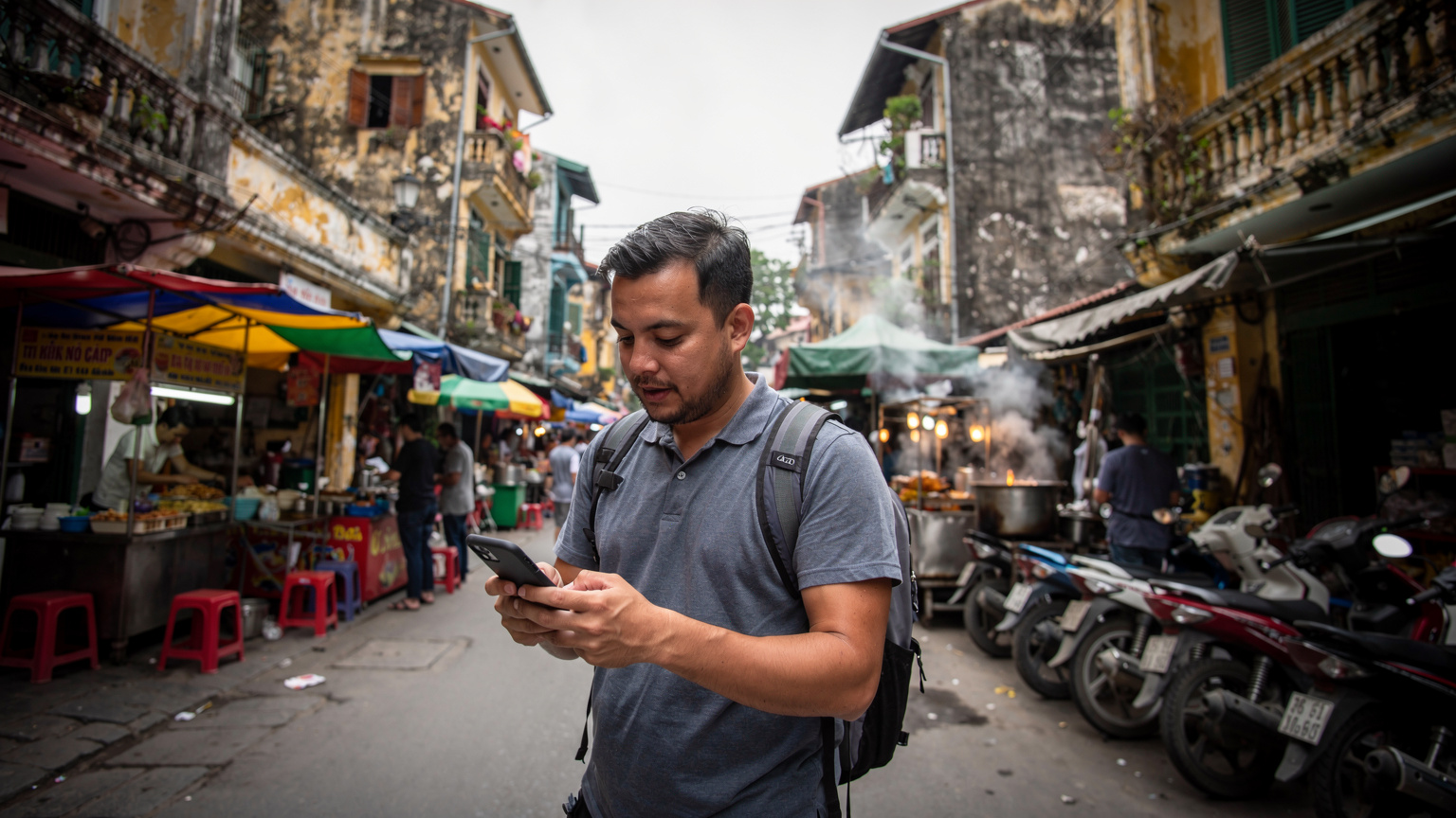 Hanoi'nin eski mahallelerindeki dar bir sokakta, telefonunda harita kontrol eden bir gezgin, arka planda otantik bir Vietnam sokak yemek tezgahından yükselen buhar.