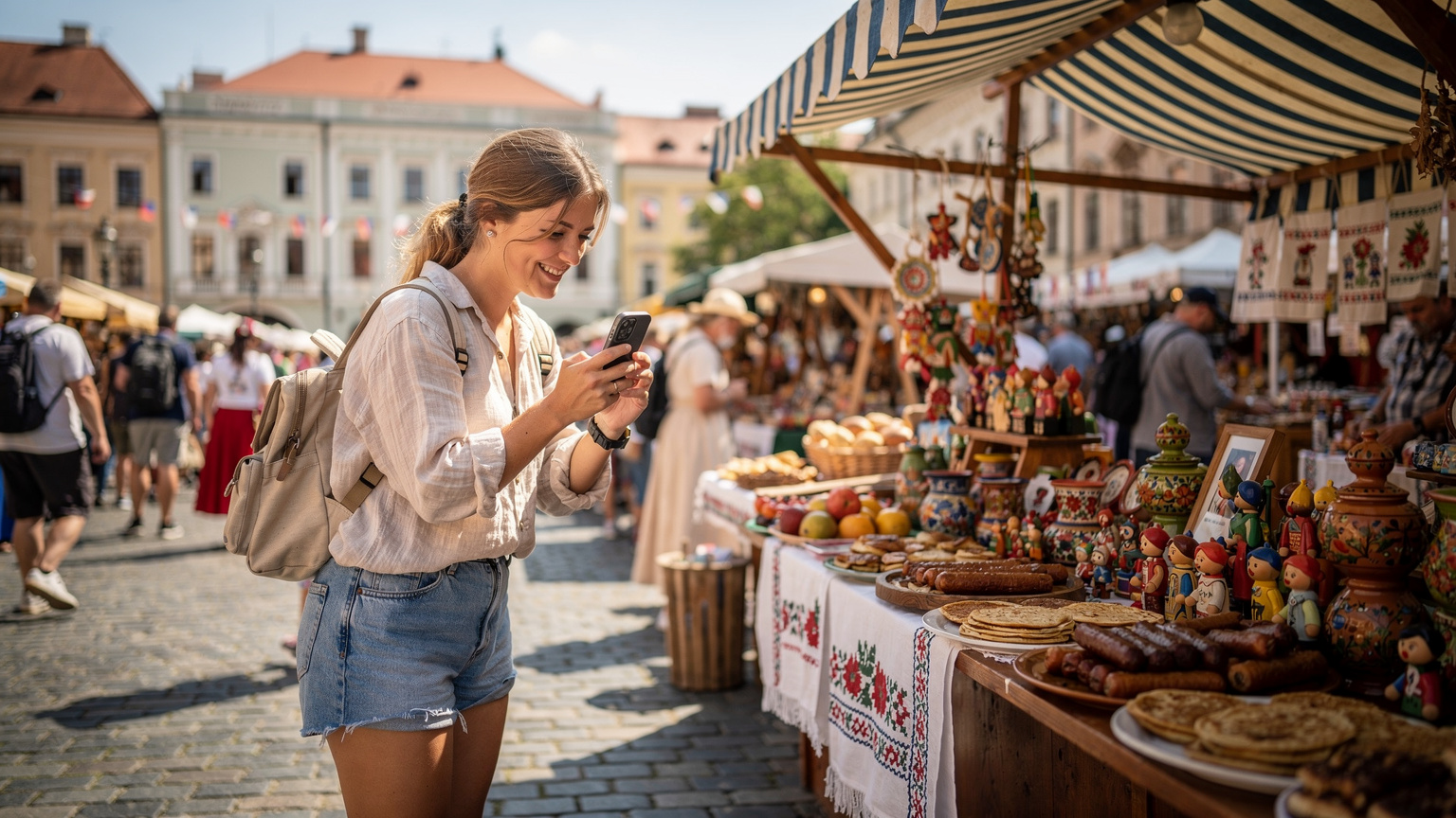 Mladá turistka s malým batohom stojí na rušnom trhovisku v Bratislave, usmieva sa a fotí si stánok s tradičnými slovenskými remeslami a občerstvením, s davom ľudí v pozadí.