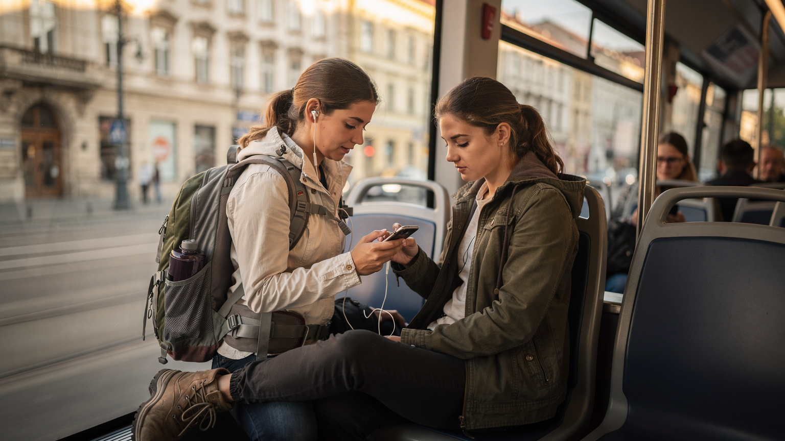 Mladá žena cestovateľka s batohom na chrbte kontroluje mapy na svojom smartfóne, sediac na sedadle v bratislavskej električke, s panoramatickým výhľadom na mestskú ulicu a historické budovy za oknom.