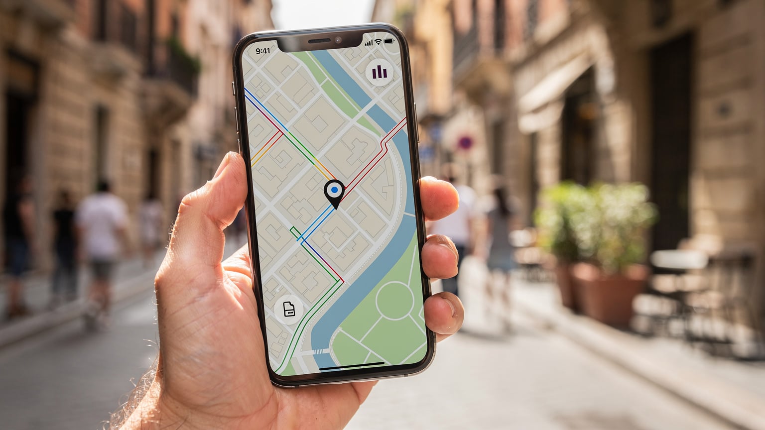 A close-up of a traveler's hand holding a smartphone, displaying a map app with a strong signal indicator, against the blurred backdrop of a scenic European city street.
