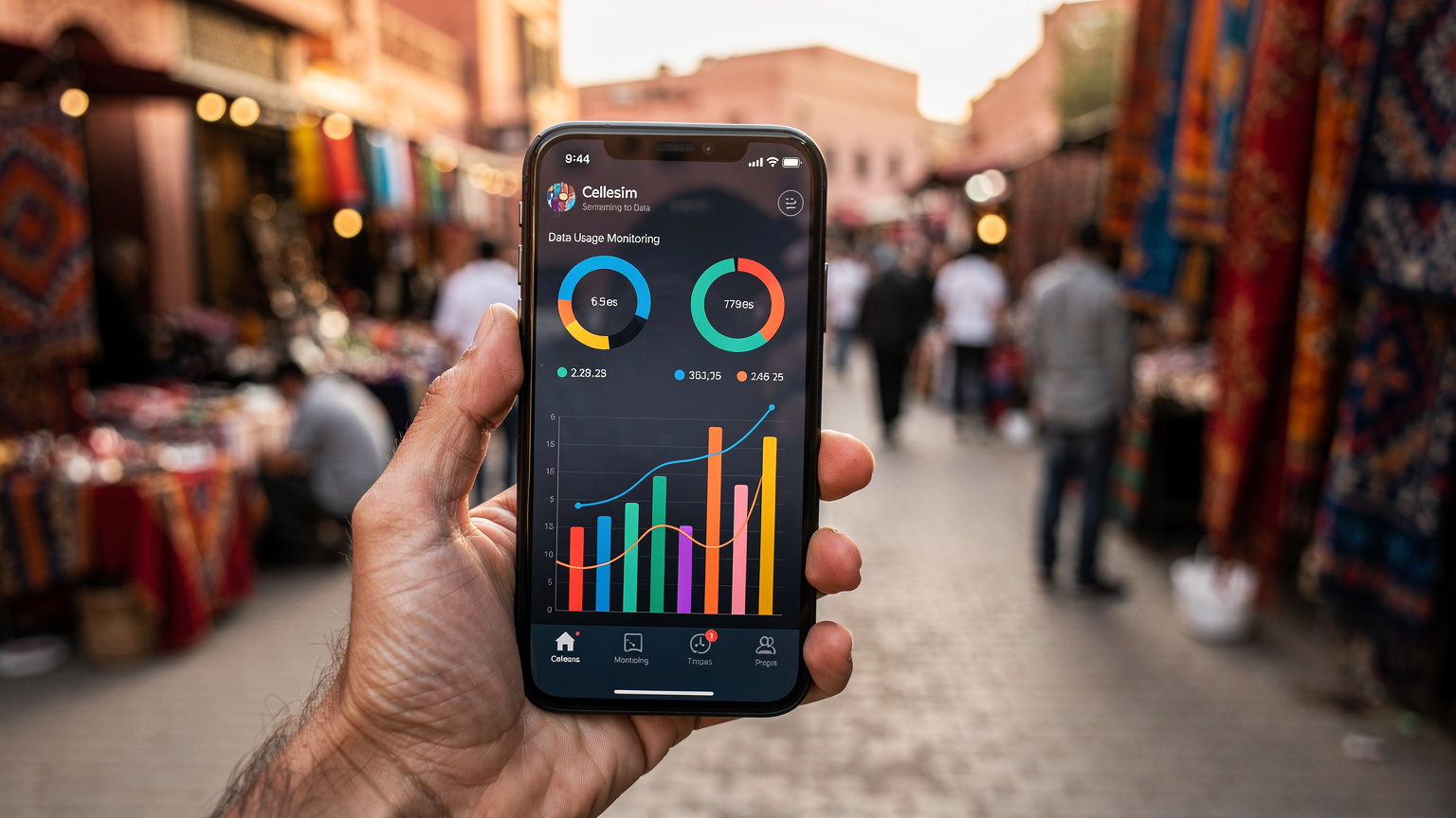 A person's hand holding a smartphone, with the Cellesim app open on a data usage monitoring screen, showing clear graphs and remaining data, against a backdrop of a bustling market street in Marrakech.