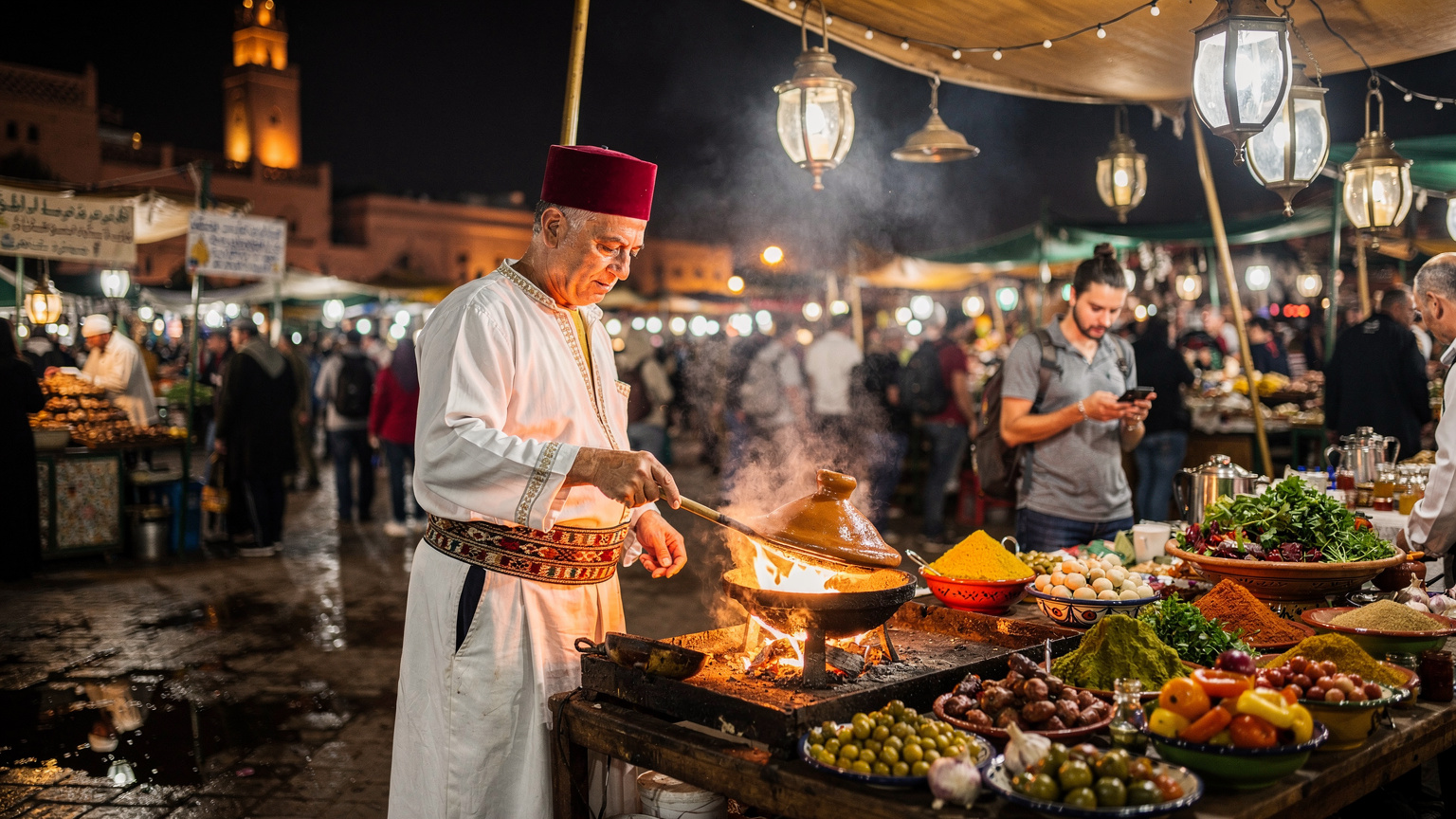 A vibrant scene at Marrakesh's Jemaa el-Fnaa square, with a street food vendor preparing tagine and a discreet traveler checking their phone in the background.