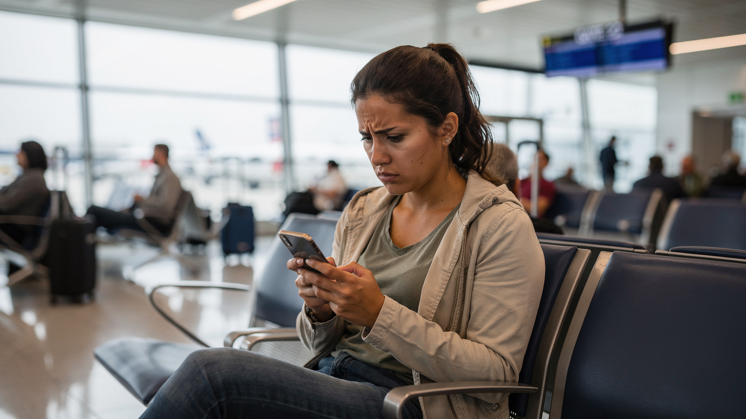 A woman at an airport gate, looking stressed and frustrated while checking her phone, reflecting common travel anxiety about roaming costs.