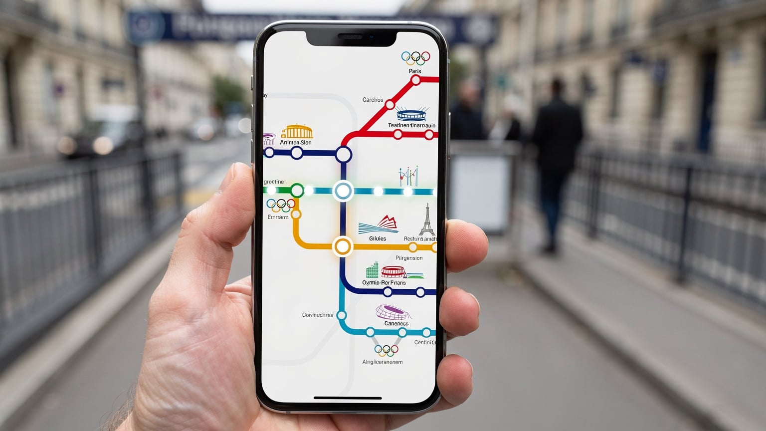 Un écran de smartphone affichant une application de transport parisienne avec un itinéraire optimisé pour les Jeux Olympiques, superposé à une carte du métro.