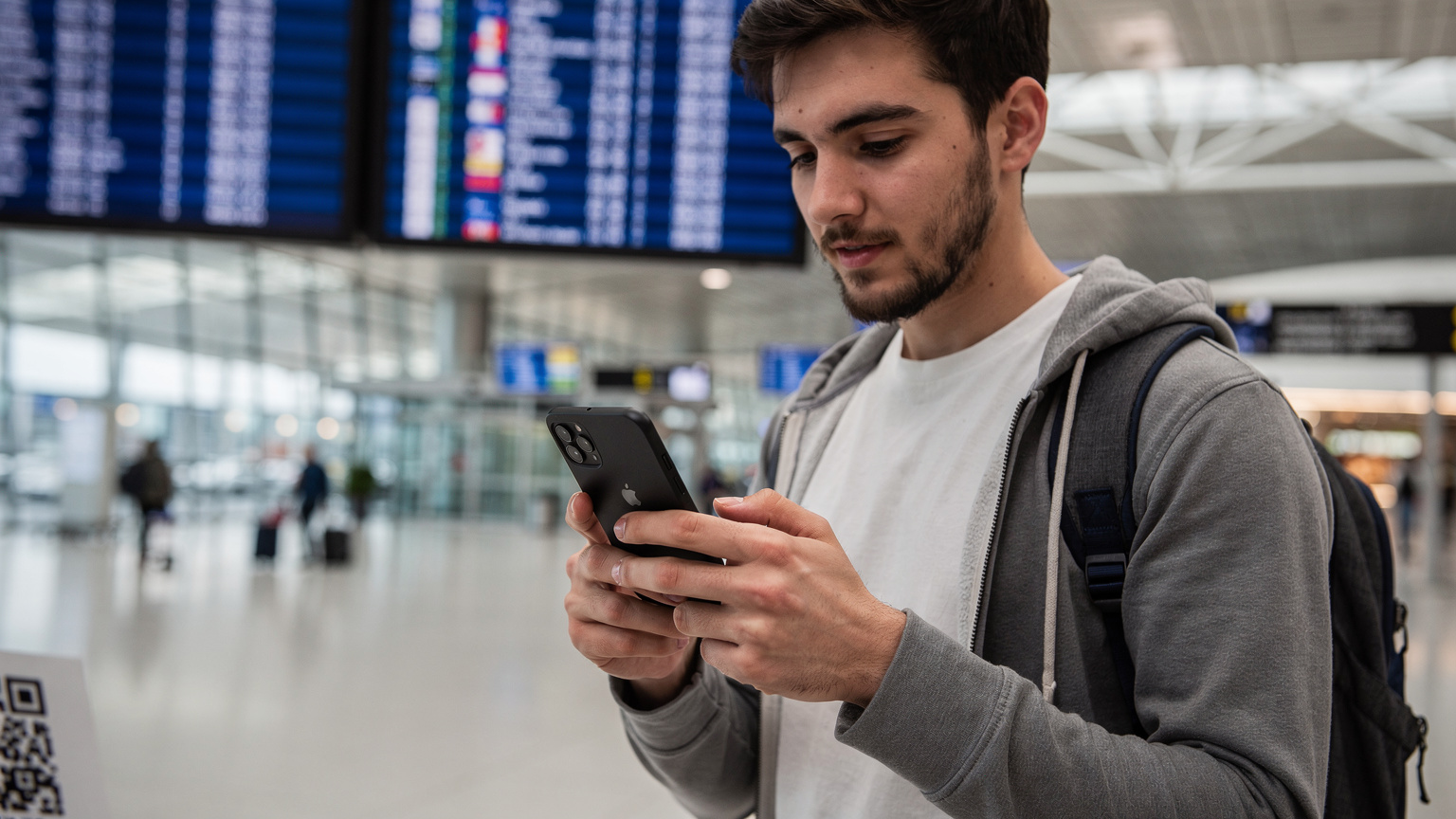 Un voyageur à l'aéroport Charles de Gaulle scanne un QR code sur son smartphone pour activer son eSIM, avec des écrans d'information de vol en arrière-plan.