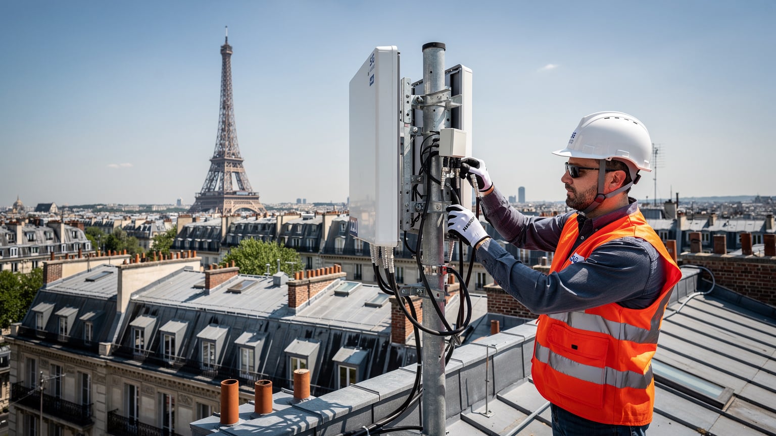 Un ingénieur réseau ajuste des équipements d'antenne 5G sur un toit parisien, avec la Tour Eiffel en arrière-plan, symbolisant la préparation technologique des JO 2026.