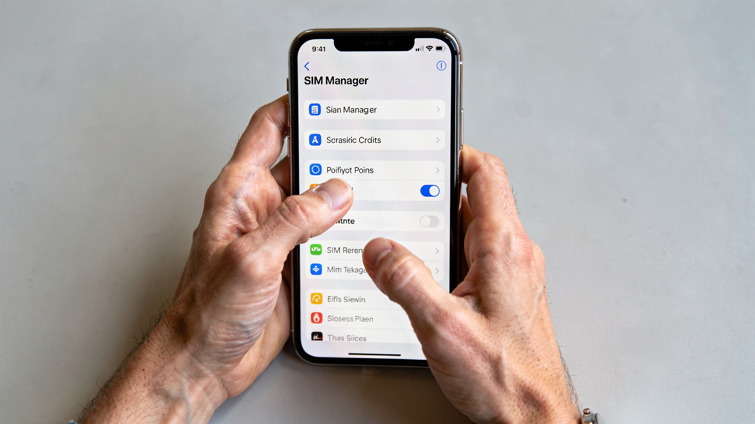 Une personne navigue dans les réglages de son smartphone, affichant la section de gestion des cartes SIM, avec plusieurs profils eSIM listés, prête à activer ou désactiver un forfait.