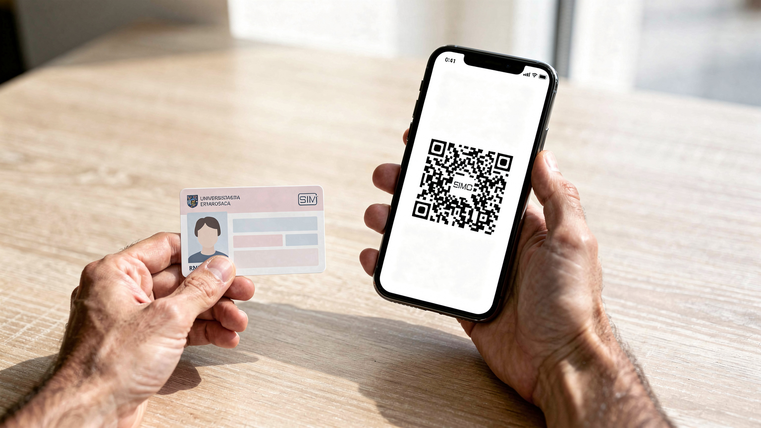 Gros plan sur des mains d'étudiant, l'une tenant un smartphone affichant un QR code d'eSIM, l'autre tenant une carte d'identité étudiante, sur une table en bois clair.
