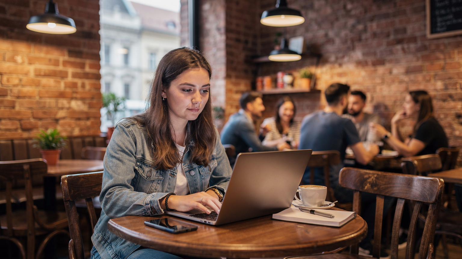 Un étudiant concentré sur son ordinateur portable, un smartphone à côté, dans un café étudiant animé d'Europe de l'Est, avec des amis en arrière-plan.