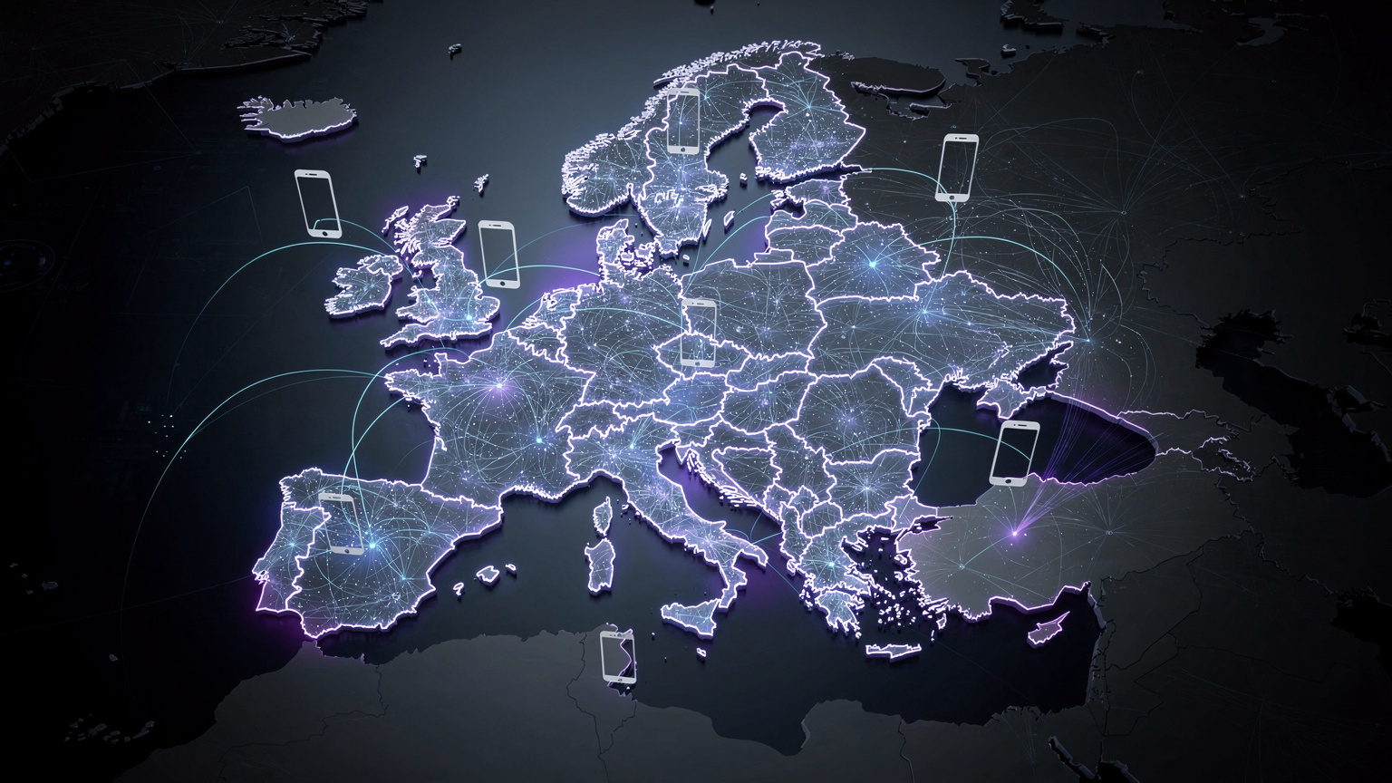 Une carte d'Europe stylisée avec des lignes lumineuses symbolisant la connectivité réseau, et des icônes de téléphone mobile superposées, évoquant la fluidité de l'eSIM.