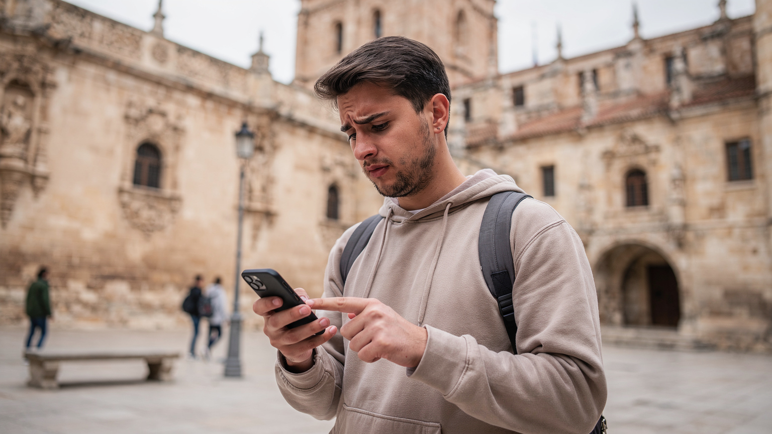 Un étudiant vérifiant la couverture réseau sur son téléphone dans un campus universitaire européen, avec des bâtiments historiques en arrière-plan.