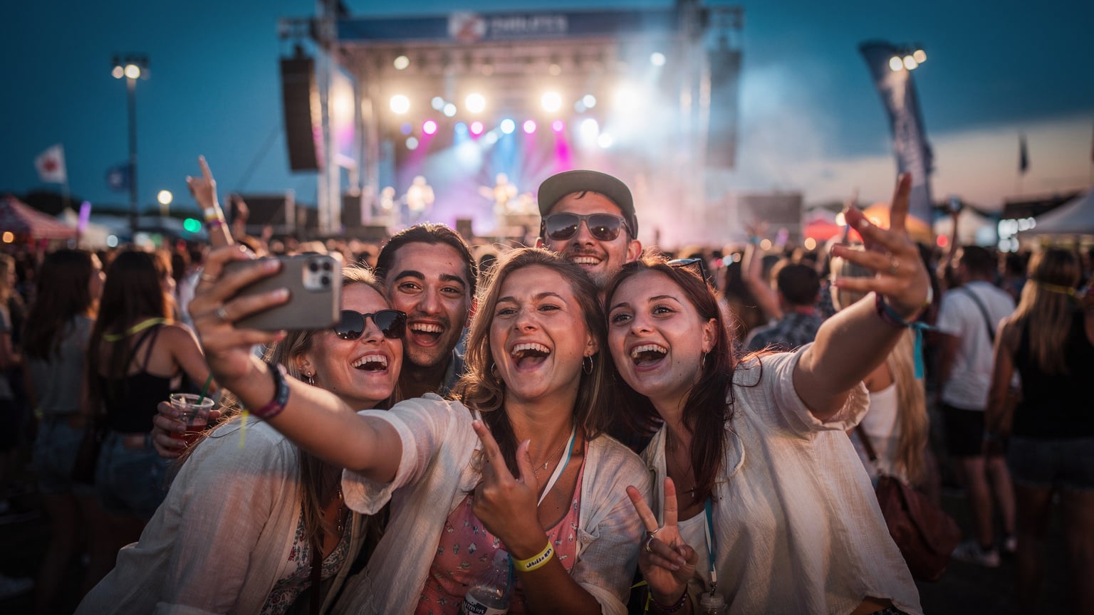 Μια ομάδα φίλων ενθουσιασμένων, βγάζοντας selfie με ένα smartphone, με φόντο μια ζωντανή συναυλία σε υπαίθριο φεστιβάλ το καλοκαίρι.
