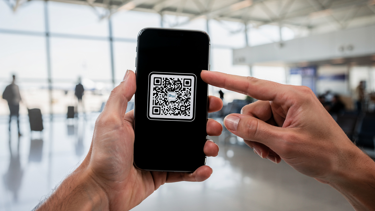 Ръце, държащи смартфон, показват QR код за активиране на eSIM, на фона на размазан интериор на летище.