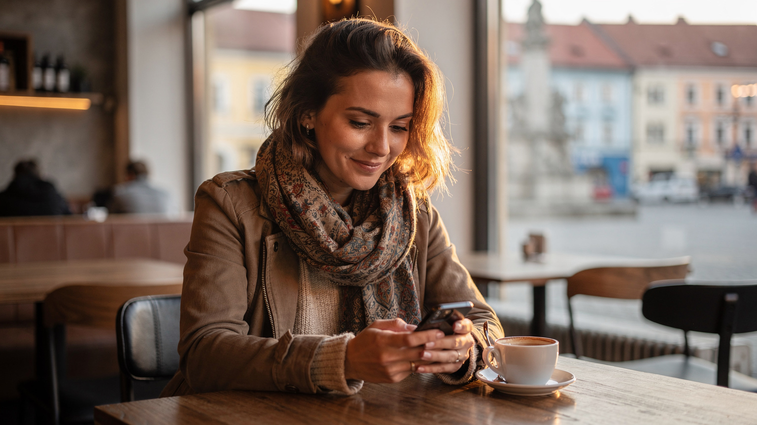 Cestovatelka se usmívá a drží svůj telefon, na kterém si prohlíží možnosti eSIM tarifů, zatímco sedí v útulné kavárně v Banské Bystrici s výhledem na historické náměstí.