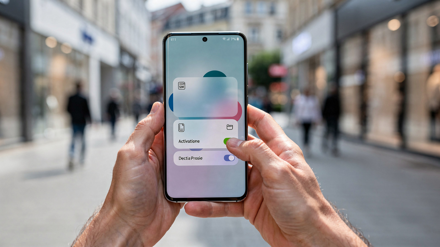 Две ръце държат Galaxy S26, на екрана се вижда меню за управление на eSIM профили, с размазан фон на динамичен градски пейзаж.