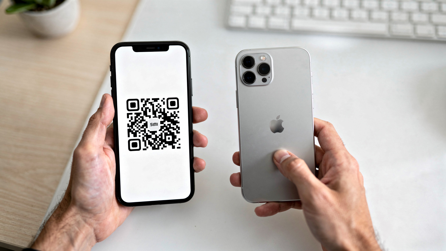 Ръка, държаща смартфон, показваща QR код на екрана, който се сканира от друг смартфон, символизиращ лесна активация на eSIM.
