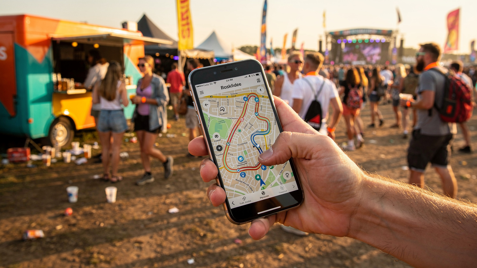 En hånd holder en smartphone, der viser et digitalt kort med en rute markeret gennem en tætpakket festivalplads. I baggrunden ses en food truck og festglade mennesker, der nyder stemningen.
