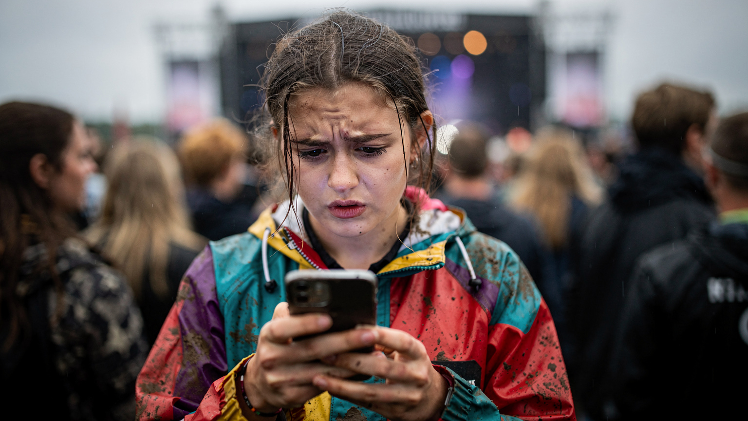 En ung festivalgænger i en farverig regnjakke ser frustreret på sin smartphone, mens hun forsøger at få forbindelse til internettet i en tætpakket menneskemængde foran en scene på Roskilde Festival.
