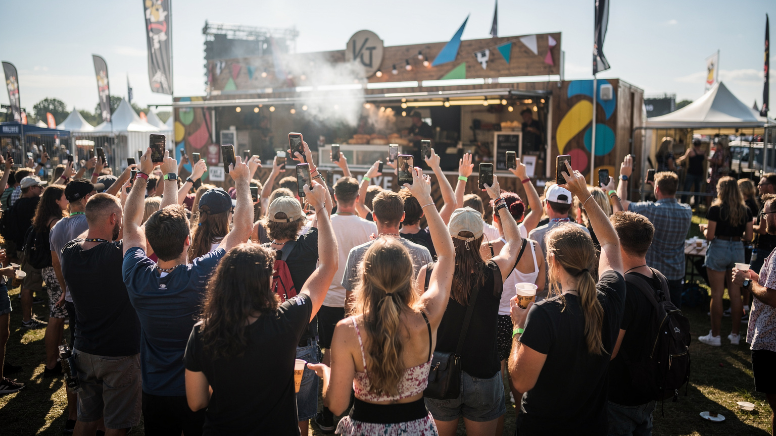 En tætpakket skare af festivalgæster foran en travl madbod på Roskilde Festival, hvor mange holder deres telefoner op i luften, i håb om at finde signal eller koble sig på det overbelastede festivalnetværk.