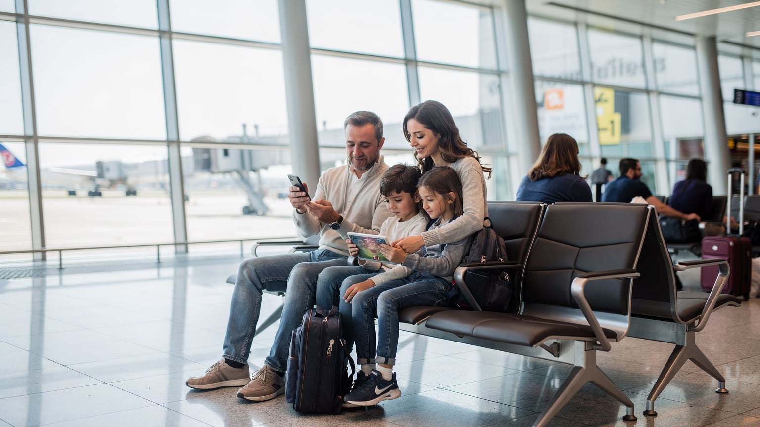 Rodina s dvěma dětmi sedí v odletové hale na letišti v Istanbulu. Otec kontroluje mobilní telefon, zatímco děti se baví na tabletu. Všichni vypadají uvolněně a připraveně na cestu.