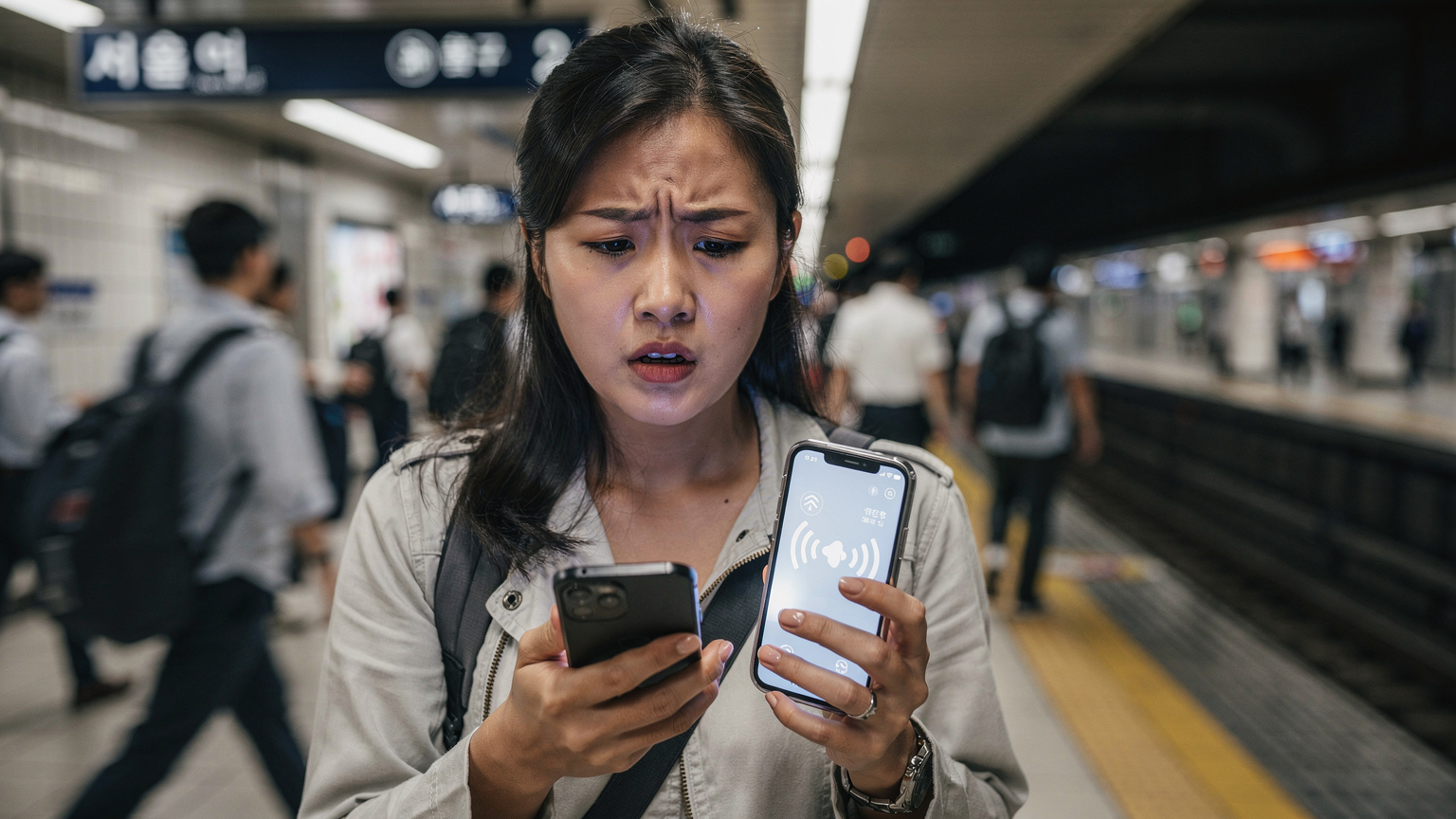 Một người phụ nữ Việt Nam đang cầm điện thoại di động và nhìn với vẻ lo lắng, hiển thị thông báo lỗi mạng, tại một ga tàu điện ngầm đông đúc ở Seoul.