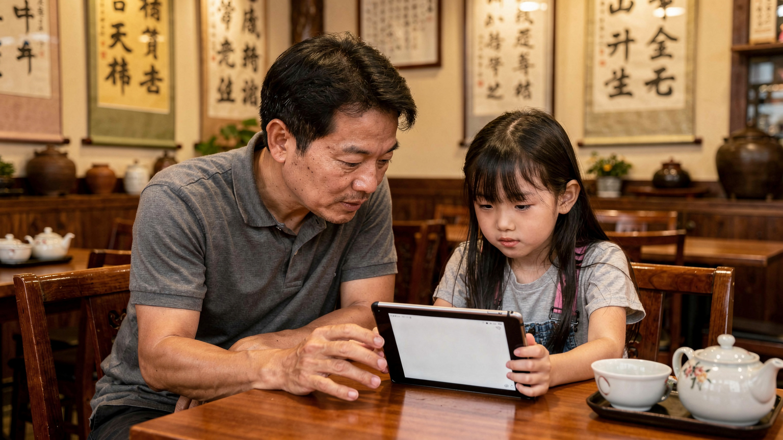 Một người đàn ông đang giúp con gái mình kết nối iPad với Wi-Fi miễn phí tại một quán cà phê truyền thống ở khu phố Insadong, Seoul, với những bức tranh thư pháp cổ điển trên tường.