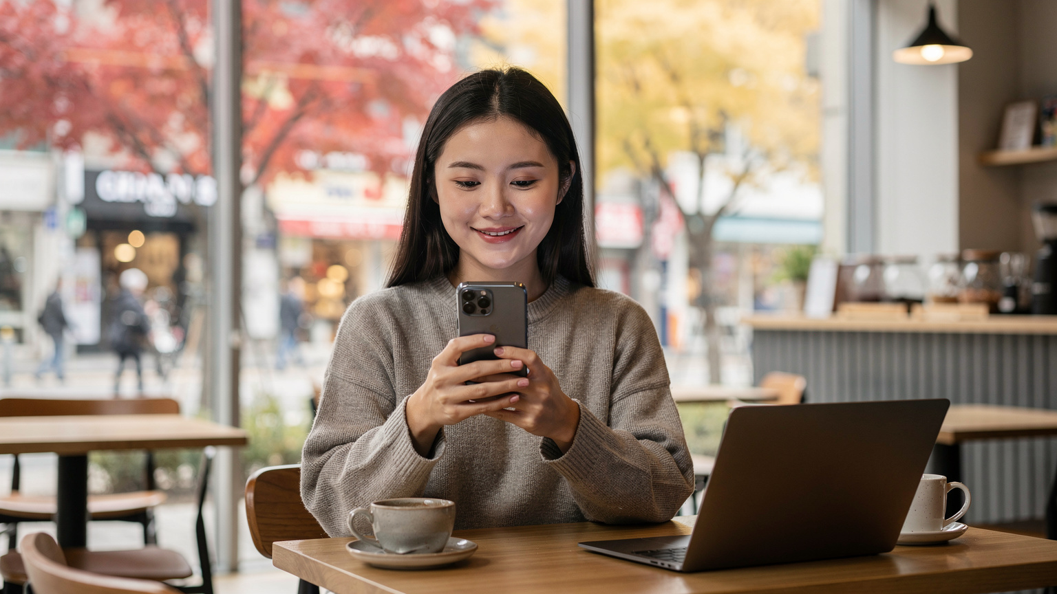 Một người phụ nữ trẻ đang quét mã QR để kích hoạt eSIM trên điện thoại của mình trong một quán cà phê hiện đại ở Seoul, với các lá phong đỏ rực nhìn qua cửa sổ.
