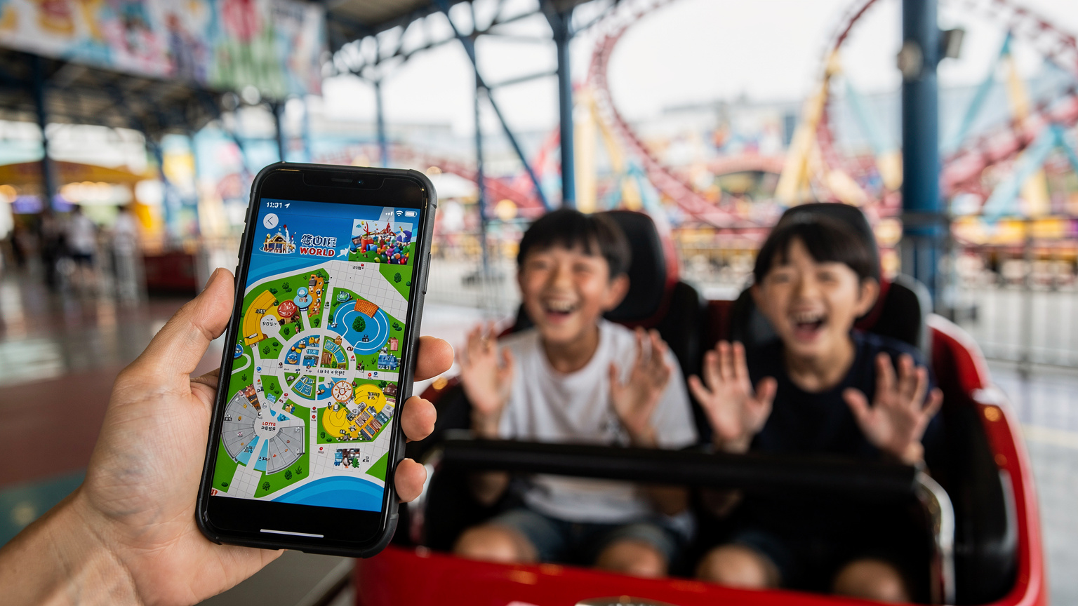 Bàn tay của một phụ huynh đang giữ điện thoại hiển thị bản đồ công viên giải trí Lotte World, với hình ảnh các con đang chơi trò tàu lượn siêu tốc ở hậu cảnh mờ ảo.