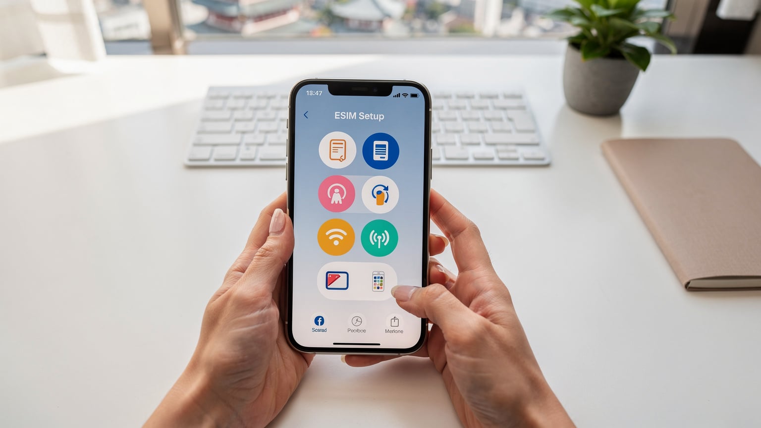 ææ°ã®iOSãæèŒãããiPhone 17ã®ç»é¢ã§ãeSIMèšå®ã¡ãã¥ãŒãåããããã衚瀺ãããŠããã¯ããŒãºã¢ããã
