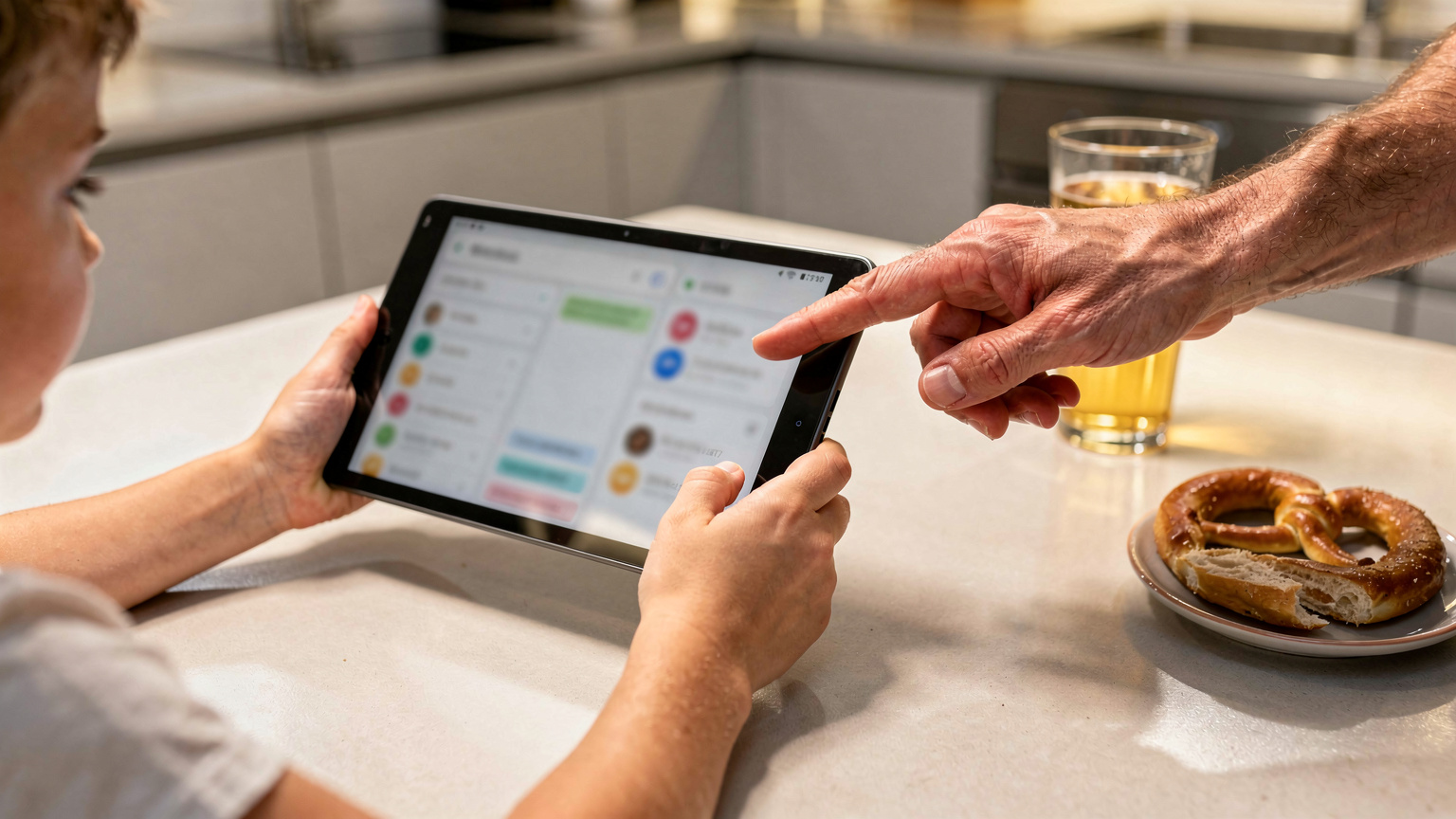 A child's hands holding an Android tablet, with a parent's finger pointing to a specific setting on the screen, illustrating how to find the eSIM number in a home setting.
