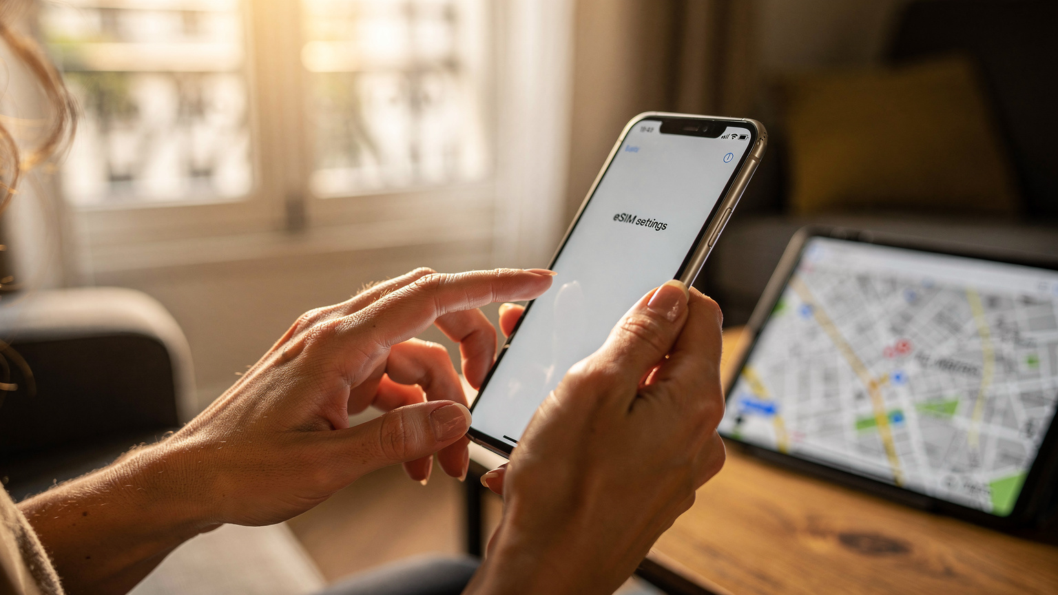 A close-up of a mother's hands gently tapping through settings on her iPhone to locate an eSIM number, with a map of Paris visible on a tablet in the background.