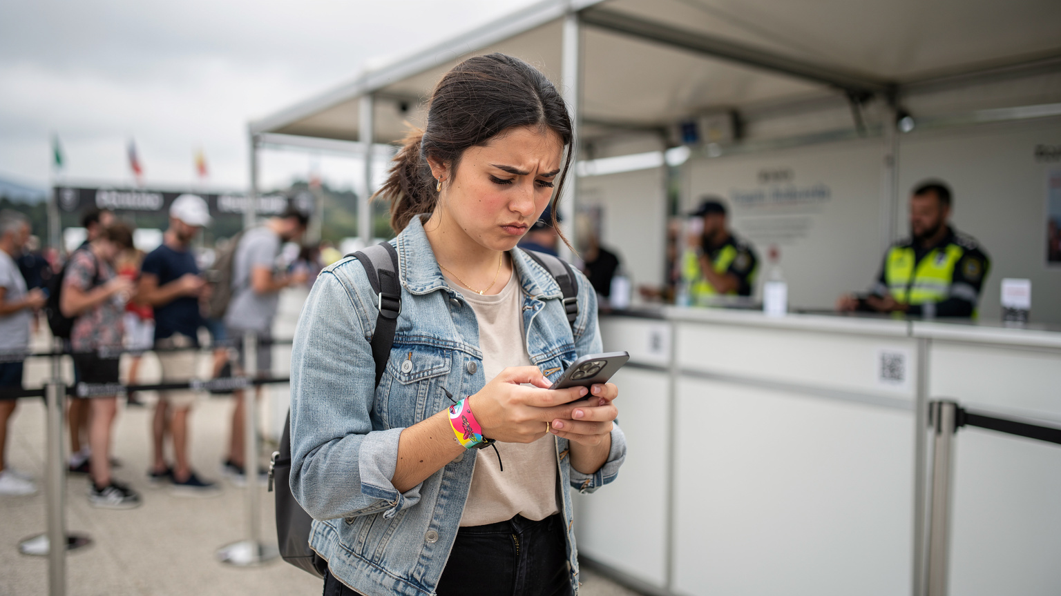 Uma mulher em um balcão de check-in de festival em Portugal, com sua mochila e pulseira de acesso, olhando para o celular com um ar de preocupação com a conectividade.